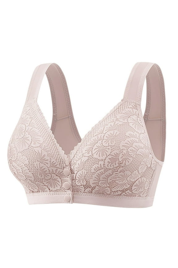 Front-Closure Wireless Bra - Full Support for Mature Women, Anti-Sagging Lace Design , Grey 36B