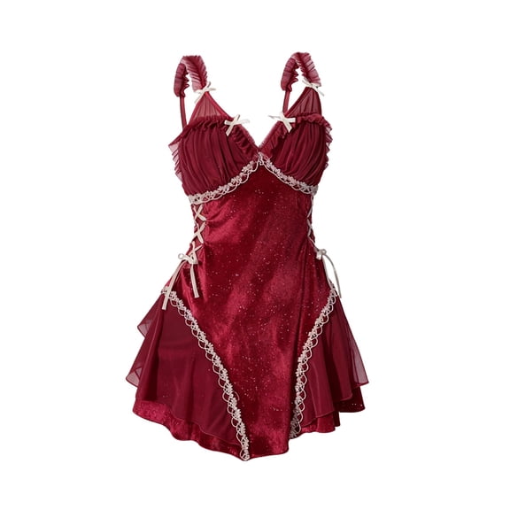 Hugcore Lace Nightgowns for Women Women's Lace Chemise Bow Mesh Slip Dress V Neck Nightgown Spaghetti Strap Nightgown Nighty Soft Nightgown for Women Red M