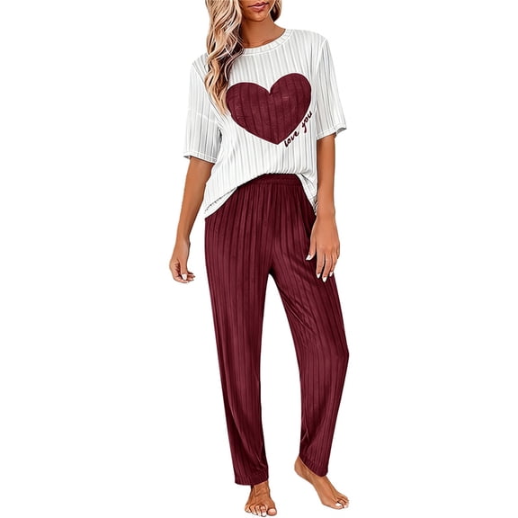 Hugcore Ladies Pajamas Sets Women's 2 Piece Pajama Crew Neck Short Sleeve Loungewear Front Heart Print Lounge Sets for Women Cute Pajama Sets for Women Wine S