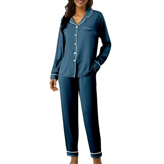 Hugcore Matching Pjs Cute Pajama Sets for Women Long Sleeve Sleepwear Button Loungewear Soft 2 Piece Set with Long Pants Long Sleeve Pajama Set for Women, Navy, XL