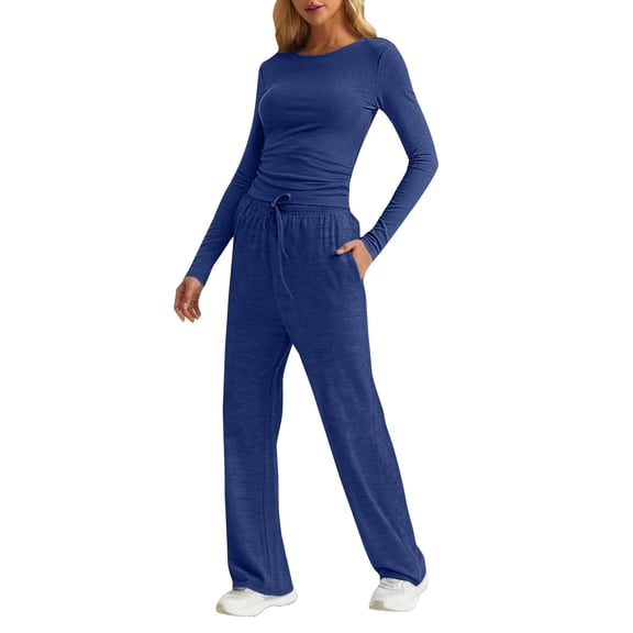 Hugcore Matching Sets Women Clothing Women's Lounge Sets 2 Piece Long Sleeve Casual Yoga Sets Two Piece Y2K Casual Outfits Workout Sets for Women Long Sleeve Blue M