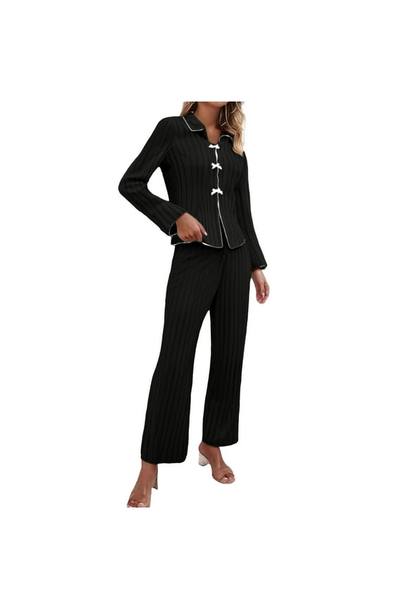 Ribbed Lounge Sets for Women, Ribbed Pajama Sets for Women Pullover V Neck Long Sleeve Sleepwear Matching Comfy Long Pants Outfits Ladies Pajamas Sets Black L