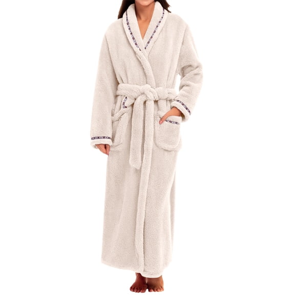 Hugcore Robes for Women Women's Shawl Flannel Robe Belted Fuzzy Fleece Nightgown Warm Winter Plush Loungewear Bathrobe with Pockets Long Robes for Women, White, L