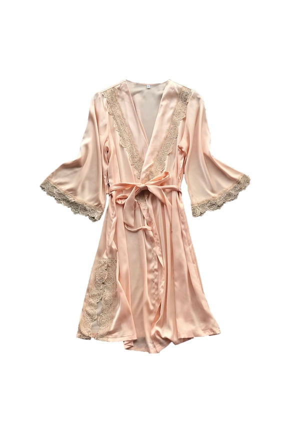 Robes for Women Women's Lace Trim Kimono Robes for Wedding Party Loungewear Lace Sleepwear Cozy Robes for Women Beige, L