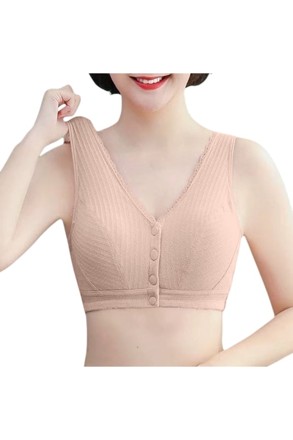 Sleep Bra, Womens Front Closure Bras Wireless Supportive V-Neck Bra Full Coverage Seamless Bras Comfy Bralettes for Women Beige 38