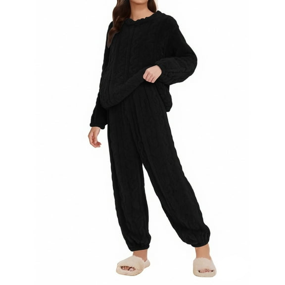 Hugcore Sleep Sets for Women Womens Pajama Sets Fleece Pajamas Comfortable Pullover Tops Sleep Pants Lounging Warm Sleepwear Soft Pjs for Women Set, Black, L