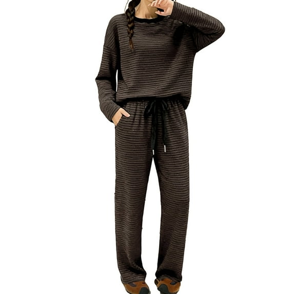 Hugcore Striped Lounge Set Ladies' Striped 2 Piece Lounge Set Casual Long Sleeve T-Shirt Drawstring Wide Leg Pants Matching Pajamas Set Women's Pajama Sets, Coffee, S