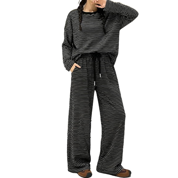 Hugcore Striped Lounge Set Ladies' Striped 2 Piece Lounge Set Casual Long Sleeve T-Shirt Drawstring Wide Leg Pants Matching Pajamas Set Women's Pajama Sets, Black, M
