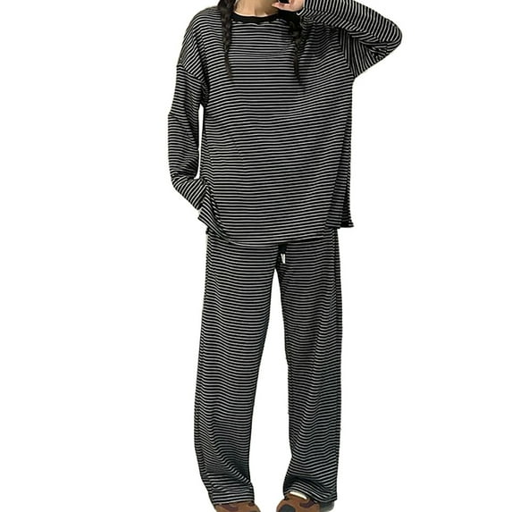 Hugcore Striped Lounge Set Ladies' Striped 2 Piece Lounge Set Casual Long Sleeve T-Shirt Drawstring Wide Leg Pants Matching Pajamas Set Women's Pajama Sets, Dark Gray, M