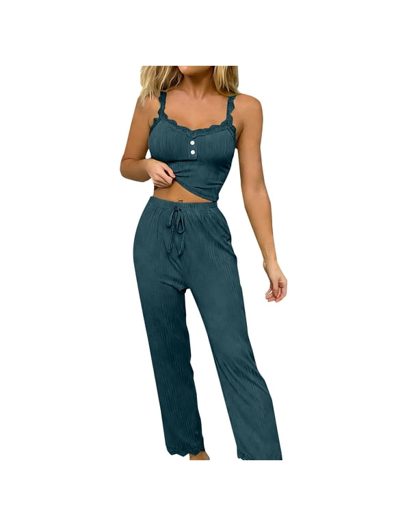 Tank Top and Pants Pajama Set, Women's 2 Piece Pajama Set Sleeveless Cami Top and Long Pants Sleepwear Lounge Sets Cute Pajamas for Women Blackish Green S