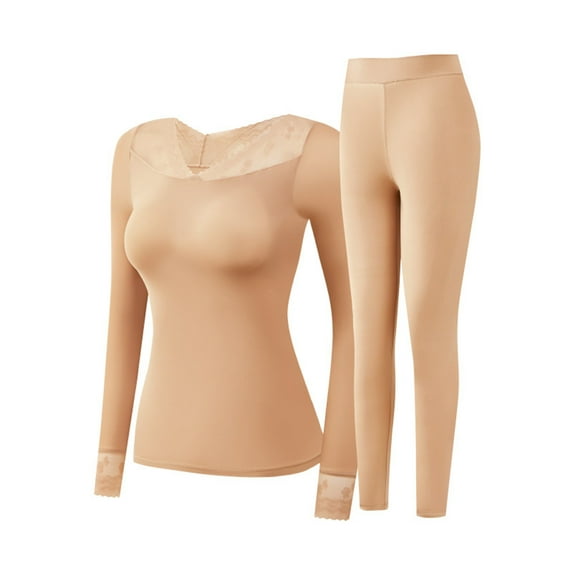 Hugcore Thermal Underwear for Women Elastic Thermal inner Wear Women's Thin Thermal Underwear Set High Elastic Long Base Layer Womens Thermal Set, Khaki, L
