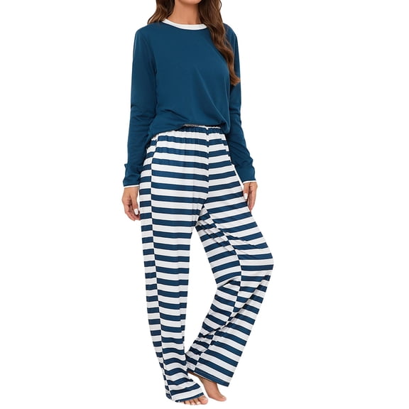 Hugcore Two Piece Lounge Set for Women Ladies' Round Neck Long Sleeve Top Striped Printed Long Wide Leg Pants and Set Fall Lounge Outfits Ladies Pajamas Sets, Navy, M