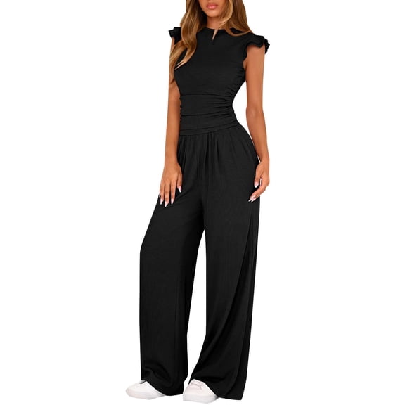 Hugcore Womens Lounge Set Womens 2 Piece Outfits Ruffle Cap Sleeve Crewneck Cropped Tops and Wife Leg Pants Matching Sets Women Clothing Black 2XL