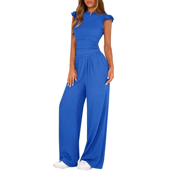 Hugcore Womens Lounge Set Womens 2 Piece Outfits Ruffle Cap Sleeve Crewneck Cropped Tops and Wife Leg Pants Matching Sets Women Clothing Blue M