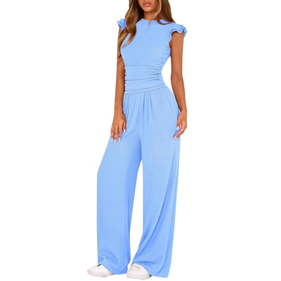 Hugcore Womens Lounge Set Womens 2 Piece Outfits Ruffle Cap Sleeve Crewneck Cropped Tops and Wife Leg Pants Matching Sets Women Clothing Light Blue S
