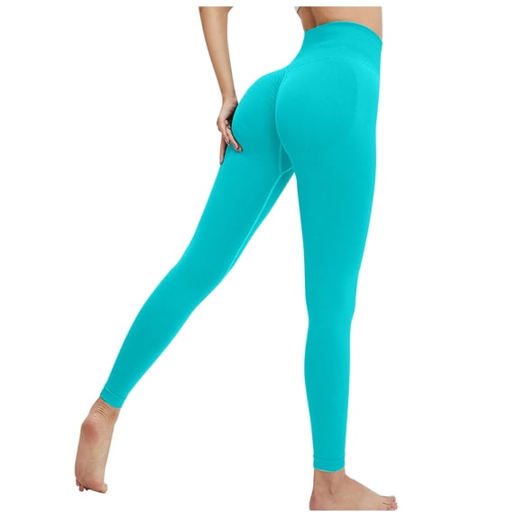 Hugcurve No Front Seam High Waisted Workout Leggings for Women Basic Yoga Pants Gym Athletic Tights Sky Blue S