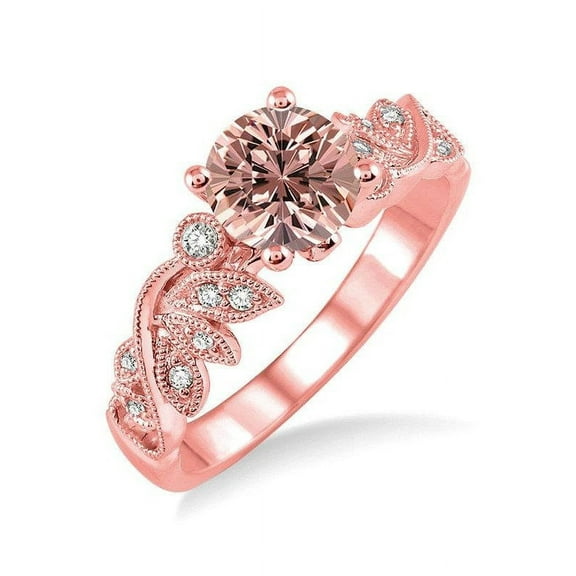 Huge 1.50 Carat Round cut Morganite and Diamond Flower leaf shape Engagement Ring for Women in 14k Rose Gold engagement ring