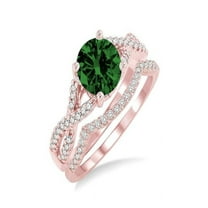 Huge 2 Carat Round Emerald and Diamond Bridal Set in 14k Rose Gold