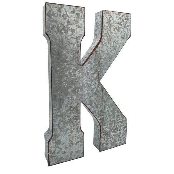 Huge 20" Metal Letter "K" Wall Decor, Silver with Rusted Edges, Galvanized Wall Mountable Decoration for Country, Mid-Century, or Farmhouse Themed Room or Event