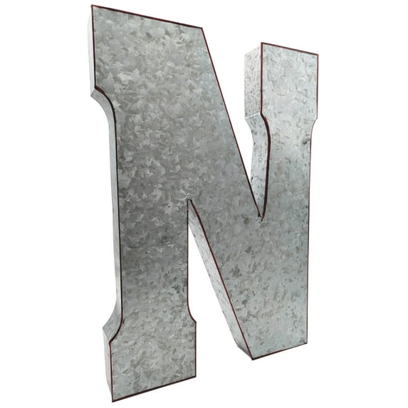 Huge 20" Metal Letter "N" Wall Decor, Silver with Rusted Edges, Galvanized Wall Mountable Decoration for Country, Mid-Century, or Farmhouse Themed Room or Event