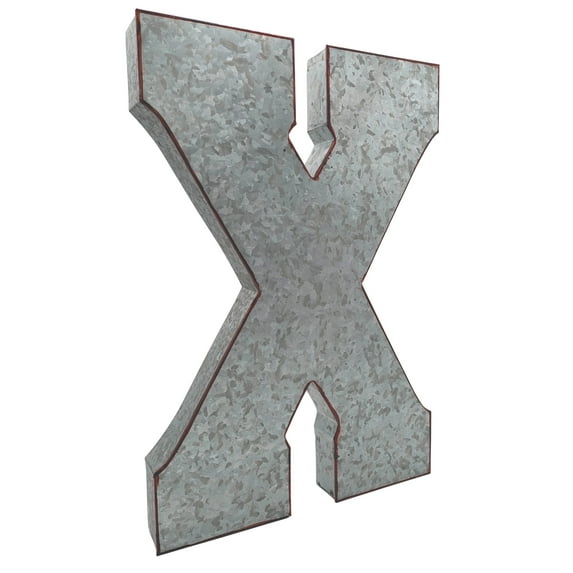 Huge 20" Metal Letter "X" Wall Decor, Silver with Rusted Edges, Galvanized Wall Mountable Decoration for Country, Mid-Century, or Farmhouse Themed Room or Event