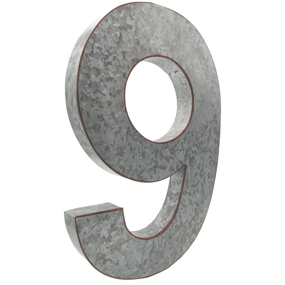 Huge 20" Metal Number Nine 9" Wall Decor, Silver with Rusted Edges, Galvanized Wall Mountable Decoration for Country, Mid-Century, or Farmhouse Themed Room or Event