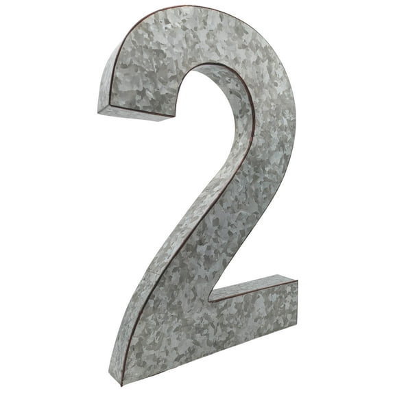 Huge 20" Metal Number Two 2" Wall Decor, Silver with Rusted Edges, Galvanized Wall Mountable Decoration for Country, Mid-Century, or Farmhouse Themed Room or Event