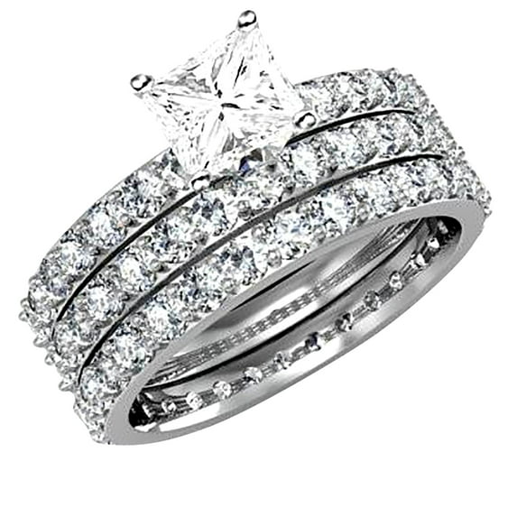Huge 3 Carat Trio Diamond Moissanite Wedding Bridal Set Sterling Silver With 18K White Gold Plating, Promise Ring, Anniversary Ring