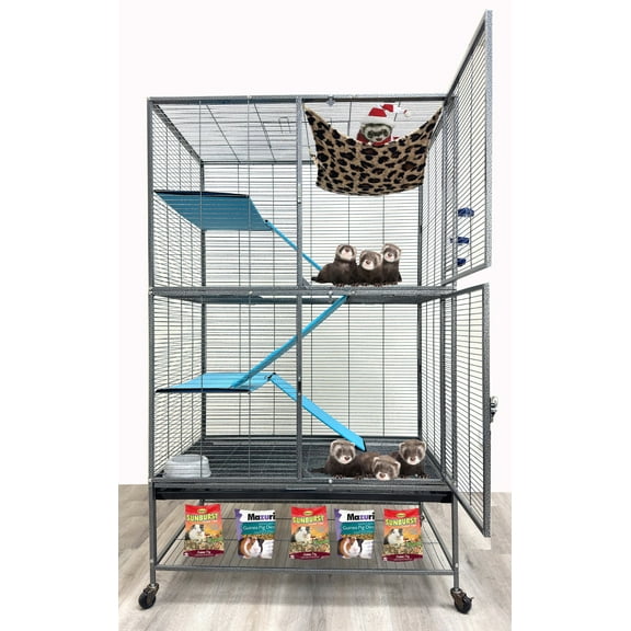 Huge 37"L x 24"W x 63"H Two Full Story Double Unit Tight 1/2-Inch Bar Spacing X-Large Double Front Doors for Feisty Ferret Hammock Chinchilla Rat Mouse Gerbil Small Animals Critters Rolling Cage