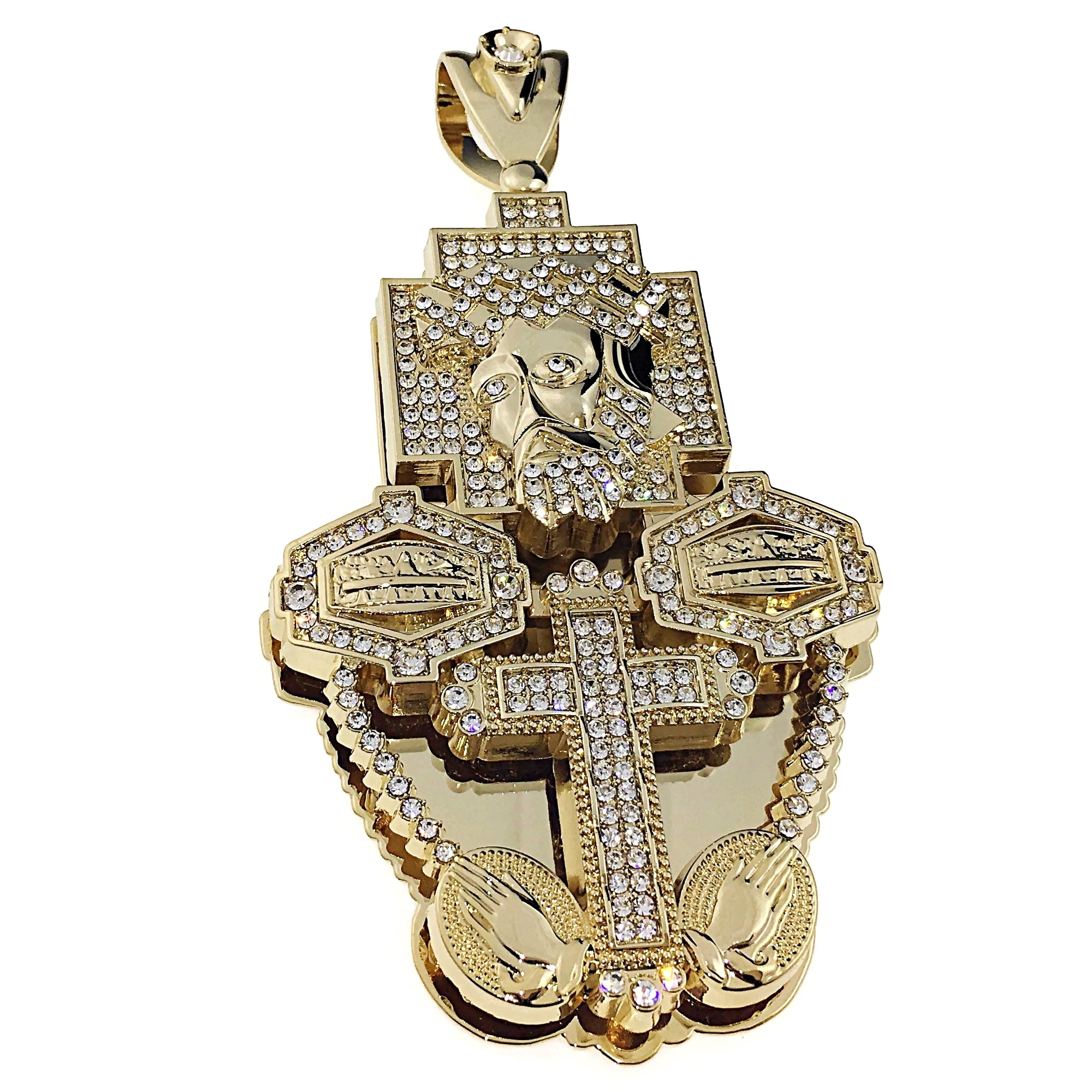 BLING CARTEL Huge 3D Jesus Piece Combo Hip Hop Pendant Cross Last Supper Hands Gold Finish