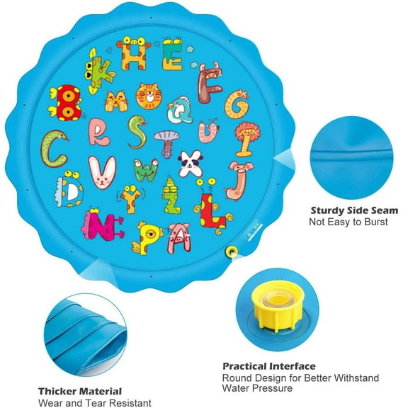 Huge 68″ Splash Water Play Mat for Little Kids & Toddlers, Water Sprinkler, Water Inflatable Wading Pool for Summer Fun Outdoor Water Toys for Boys & Girls, Alphabet Animal