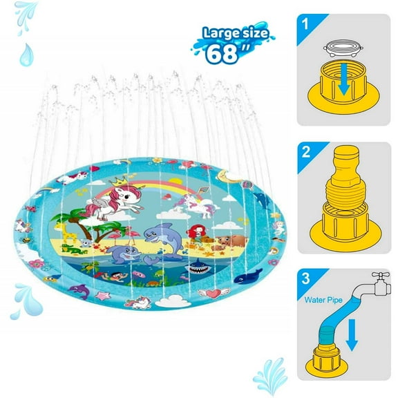 Huge 68″ Splash Water Play Mat for Little Kids & Toddlers, Water Sprinkler, Water Inflatable Wading Pool for Summer Fun Outdoor Water Toys for Boys & Girls, Unicorn/Dolphin