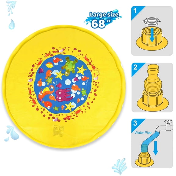 Huge 68″ Splash Water Play Mat for Little Kids & Toddlers, Water Sprinkler, Water Inflatable Wading Pool for Summer Fun Outdoor Water Toys for Boys & Girls, Yellow