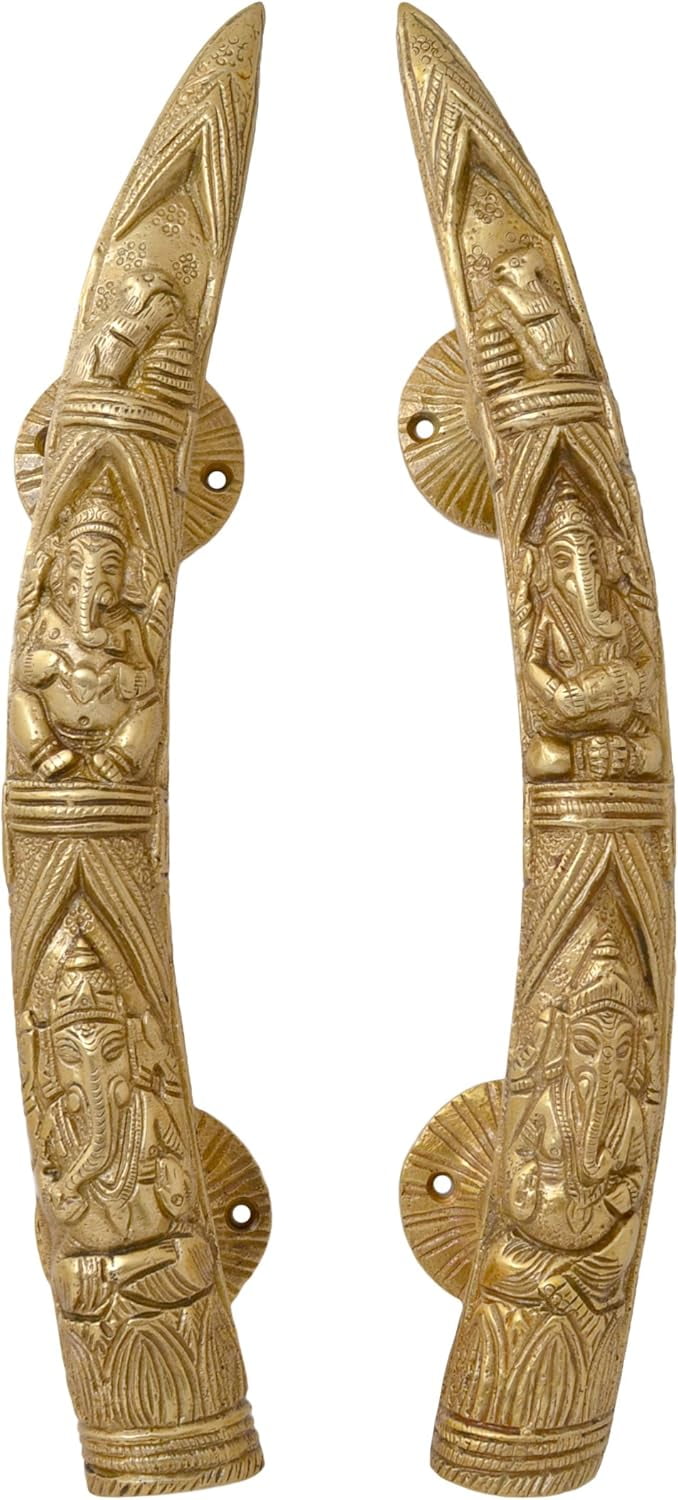 Huge Basket AM130 - Tuskar Style Ganesha Carving Brass Door Handle Pair (Antique Yellow) - 2 Pieces - Brass, Pull Handle