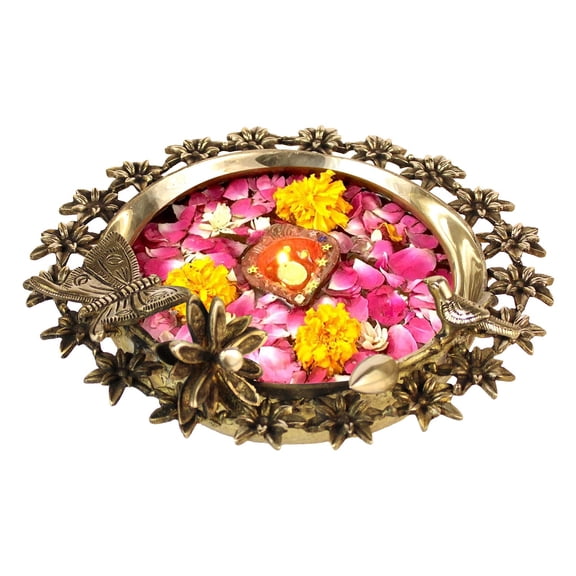 Huge Basket - Brass Ethnic Carved Bird Butterfly Traditional Urli Bowl Tea Light Candles Showpiece