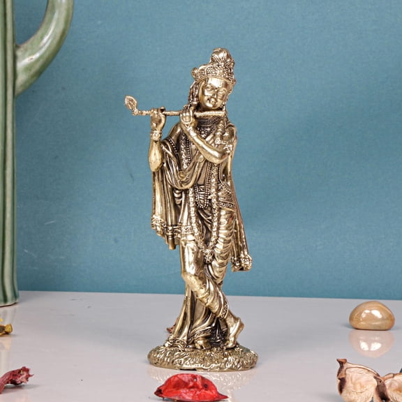 Huge Basket - Brass Krishna Idol Statue Playing Flute for Puja Mandir Krishna Murti 6 Inch