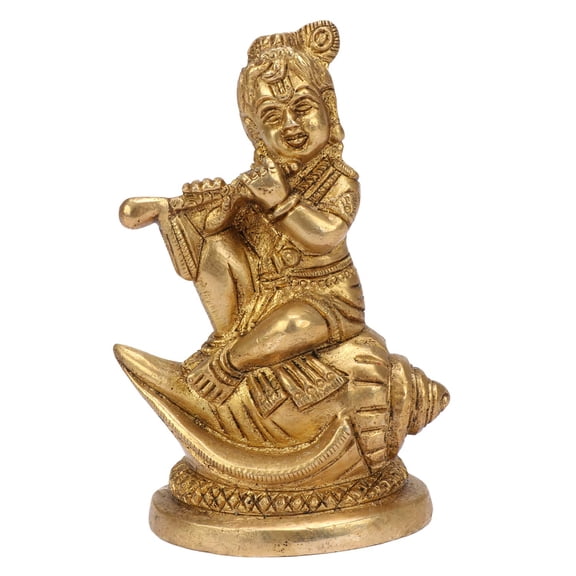 Huge Basket - Brass Krishna on Shankh Statue - 4.5-Inch Idol, Unique Design, Ideal for Worship and Home Dcor