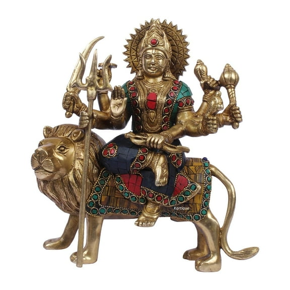 Huge Basket - Brass Maa Durga Idol Sitting On Lion Ma Sherawali Murti Devi Statue for Home Mandir Office Living Room Shop Gift Navratra Puja Multicolor Stone Work Color 9 Inch