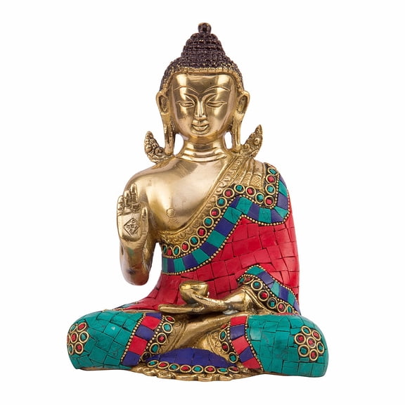 Huge Basket - Brass Murti Buddha Idol Statue in Blessing Posture in Colored Stones for Home Office Decoration Good Luck Religious Vastu Gift Height 8 Inch