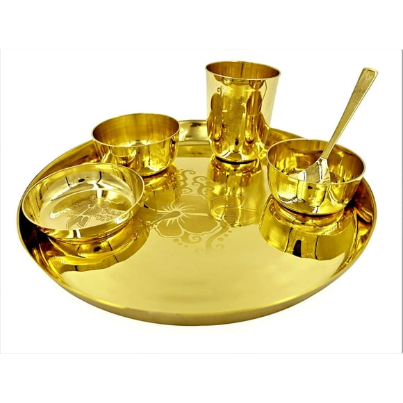 Huge Basket - Pure Lead Free Brass Flower Design Dinner Set of 6 pcs | Brass Dinnerware Set for Special Gifting Diwali/Brass Dinner Set for Kitchen 12 Inch