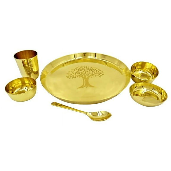 Huge Basket - Pure Lead-Free Brass Life Tree Design Dinner Set 6 Pcs - Thail, Bowl, Spoon, Glass, Brass Dinner Set Size -12 inch