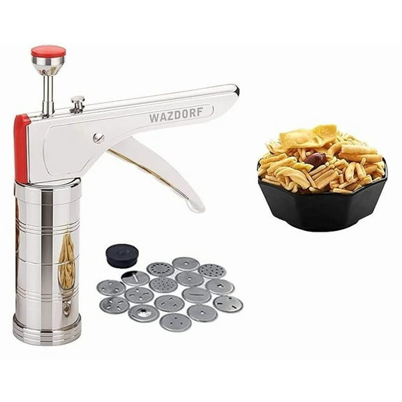 Huge Basket - Stainless Steel Kitchen Press with 15 Different Types of Jalies, Murukku Maker/Bhujiya Maker/Noodles/Cookies/Namkeen/Chakali Maker/Sev Maker/Farsan Maker/Gathiya Maker