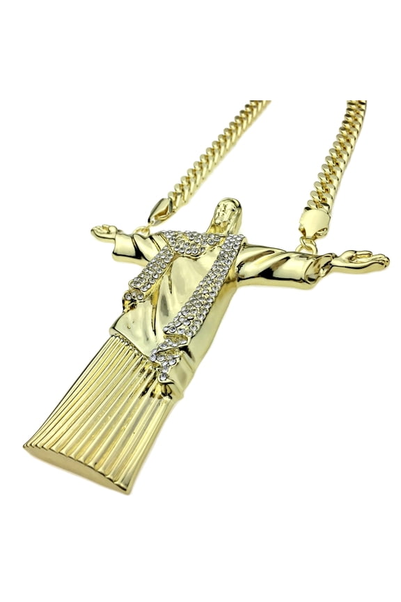Huge Christ The Redeemer Necklace Brazil 5" Inch Jesus Bling Charm Statue Gold Finish 30 Hip Hop Chain