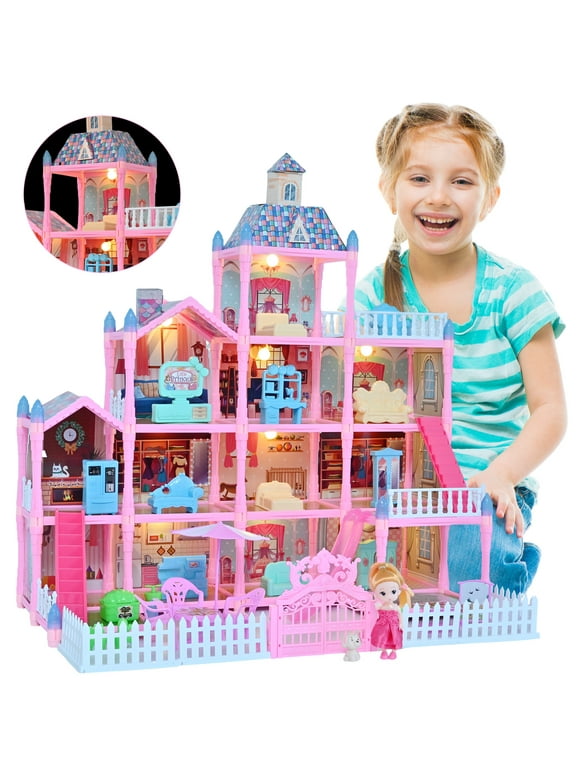 Huge Doll House - 285 PCS Girl Toys Dream Dollhouse 12 Rooms Playhouse with LED Lights Furniture and Accessories, Big Doll House for Princess Age 3-10