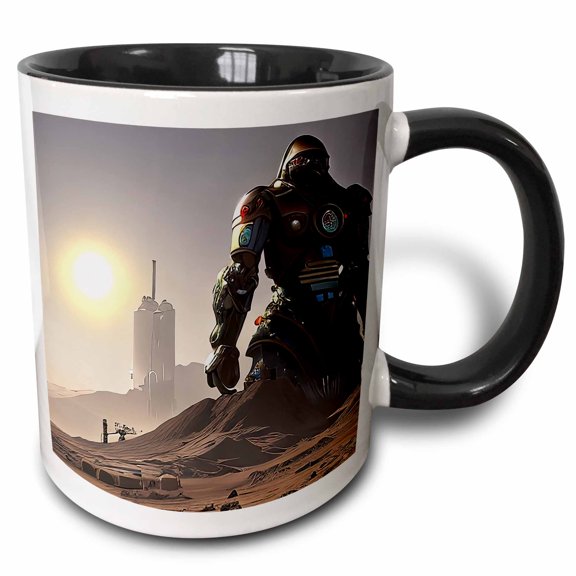 3drose, Huge Fantasy Industrial Robot on Mars in the Morning Digital Art Gift, 11oz Two-tone Black Mug