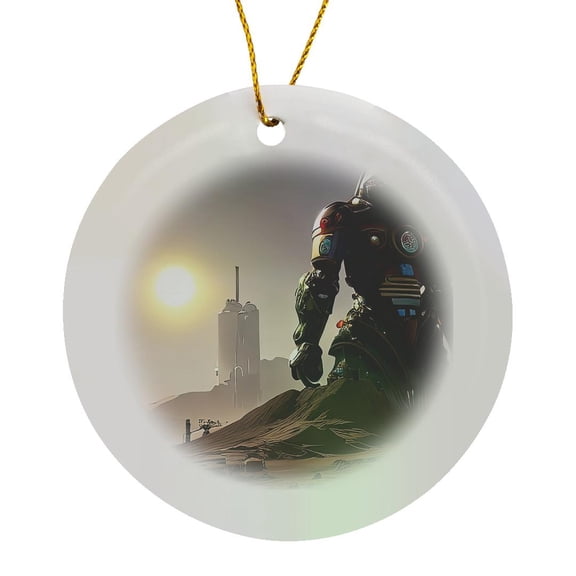 3drose, Huge Fantasy Industrial Robot on Mars in the Morning Digital Art Gift, Circle Porcelain Ornament