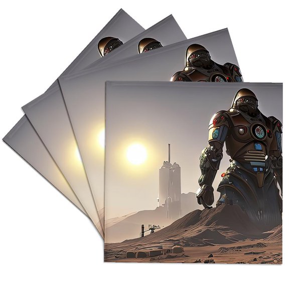 3drose, Huge Fantasy Industrial Robot on Mars in the Morning Digital Art Gift, Set of 4 Ceramic Tile Coasters