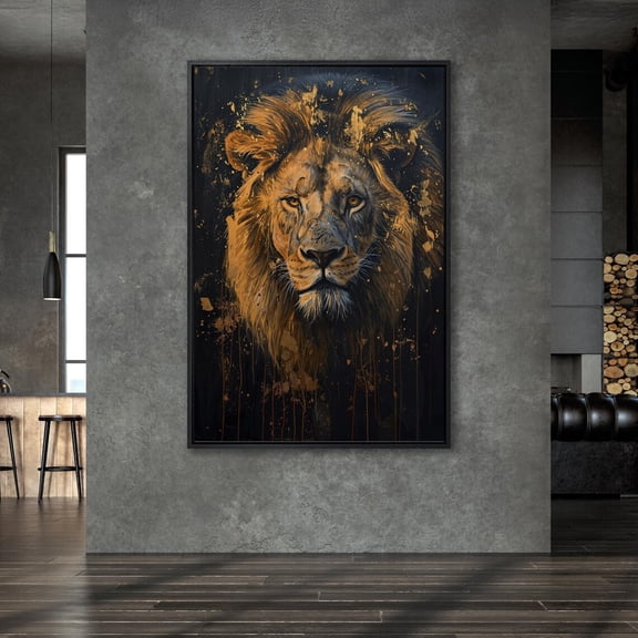 Huge Gold Lion Portrait Poster Strong Predator Wall Art Dark Decor For Apartment Regal Appearance Wild Animal Wall Decor, Unframed Poster Size 8x12
