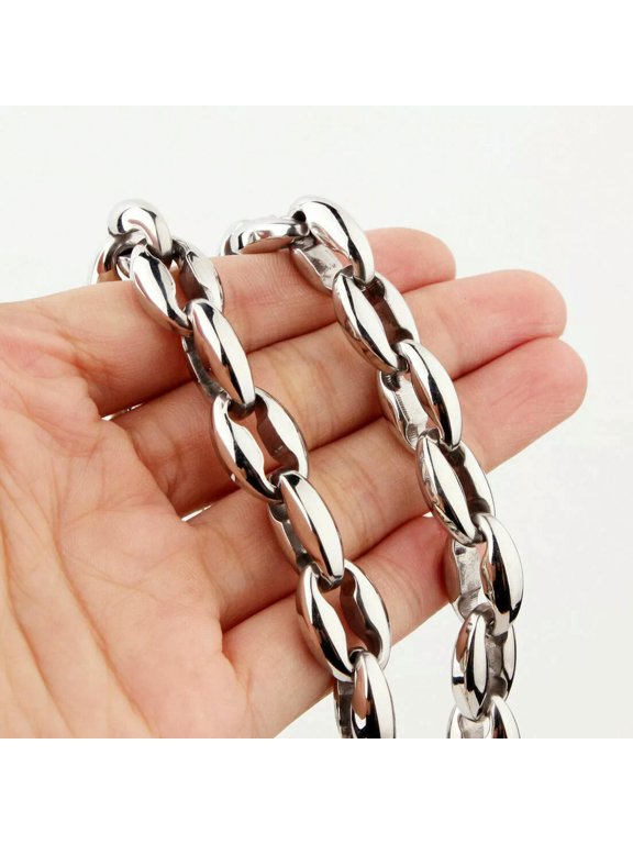 Huge Heavy Stainless Steel Silver Coffee Beans Chain Men Women Necklace 22"*12mm
