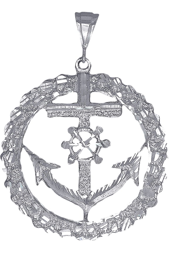 Huge Heavy Sterling Silver Anchor Cross Nugget Style Pendant Necklace 3 Inches 32 Grams with Diamond Cut Finish and 24 Inch Figaro Chain